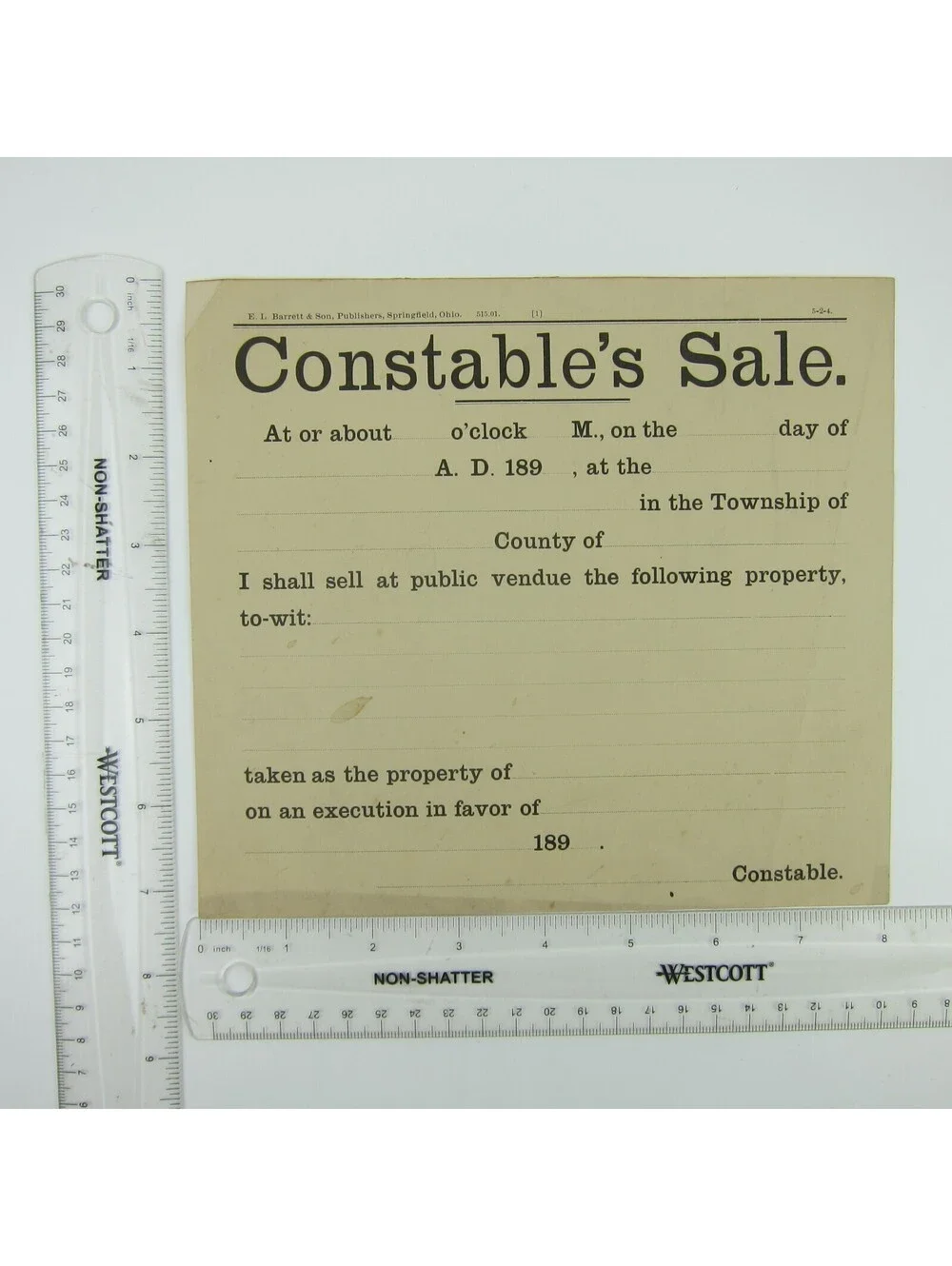 Antique 1890s Constable's Sale Record Form Blank E.L. Barrett & Son Ohio RARE